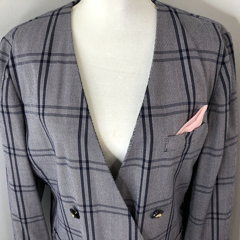 Executive Collection Womens Blazer Jacket Sz 16 Gray Blue Stripes Breast Pocket